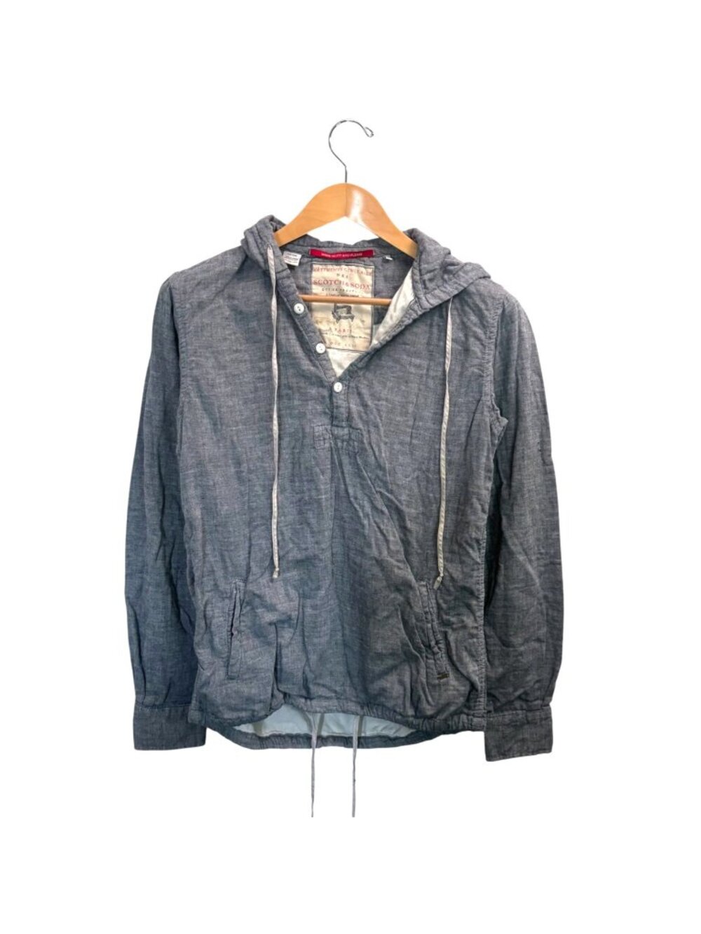 Scotch & Soda Chambray Cotton Lightweight Hoodie M Henley Pullover Long Sleeve